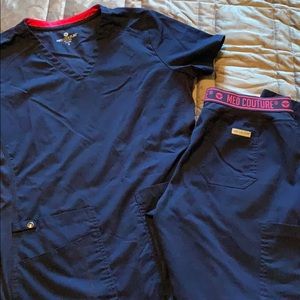 Med Couture Dark Blue Scrub Set with Pink Trim